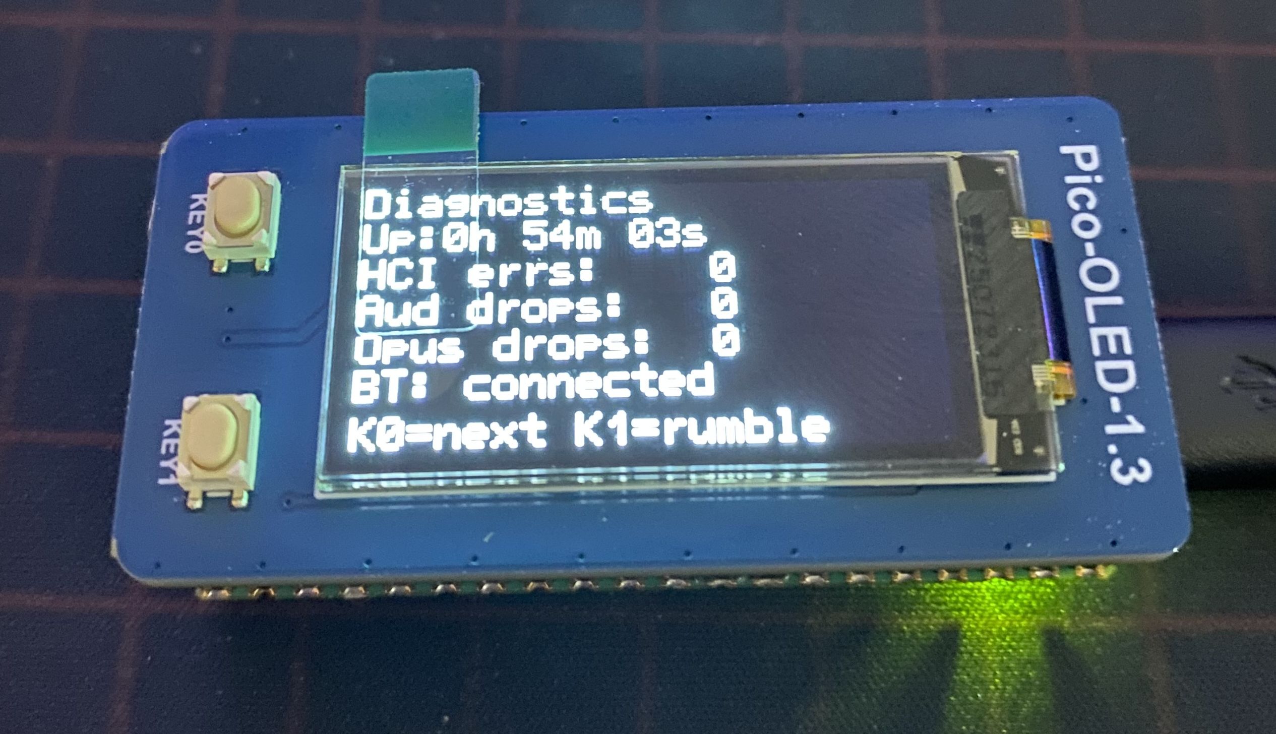 Diagnostics screen on the OLED