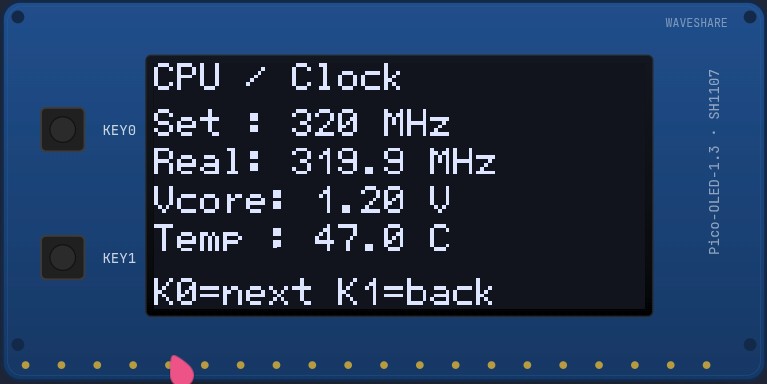 CPU / Clock diagnostics screen on the OLED