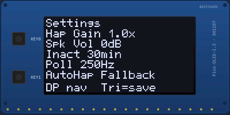 Settings screen on the OLED